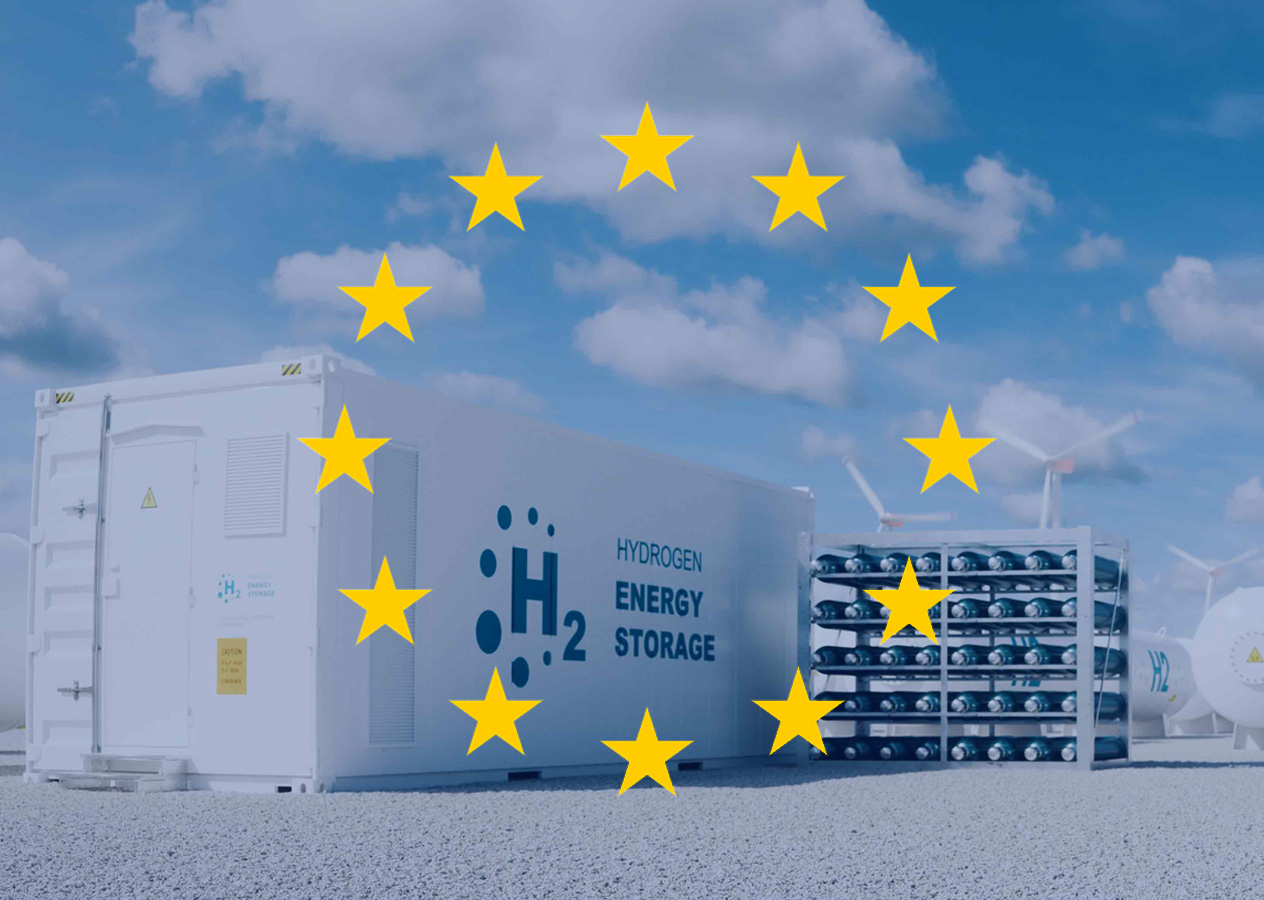 H2-Container, darüber transparent die EU-Flagge mit den gelben Sternen